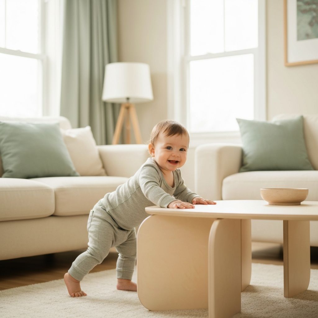 Happy toddler safely playing in a protected home